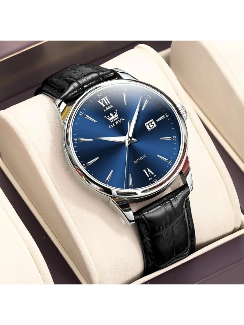 Men's Blue Black Leather Band Waterproof Relog Para Hombres Classic Wrist Watch